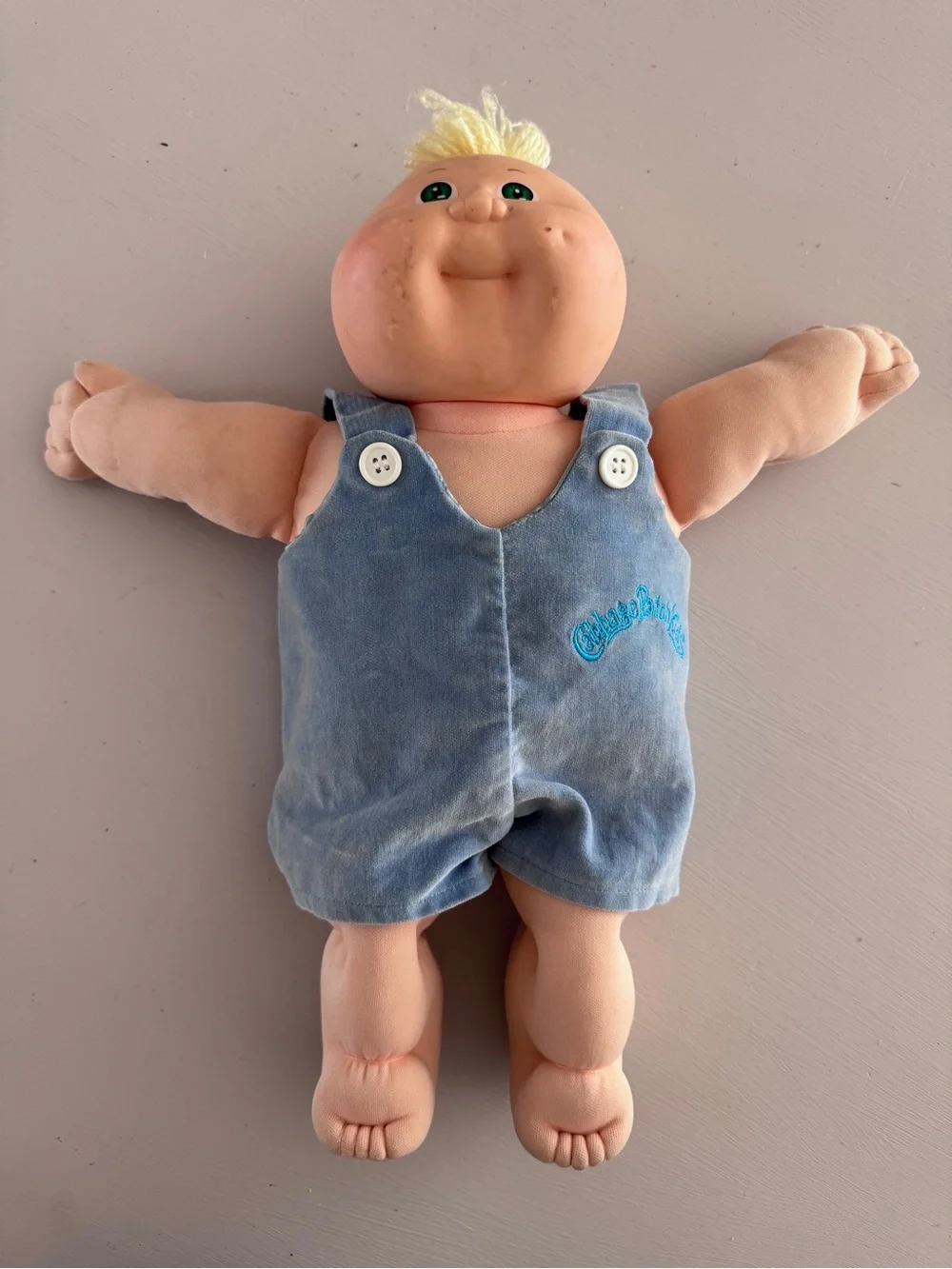 Vintage Blonde Bald Cabbage Patch Doll Baby Doll in Blue Overalls